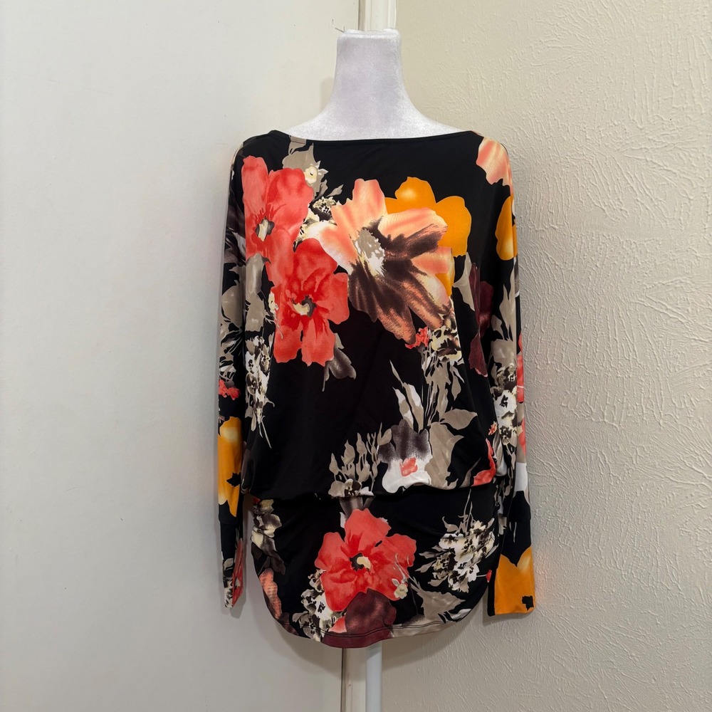 Boston Proper Floral Dolman Sleeve Ruched Long Tunic Top Black Orange S